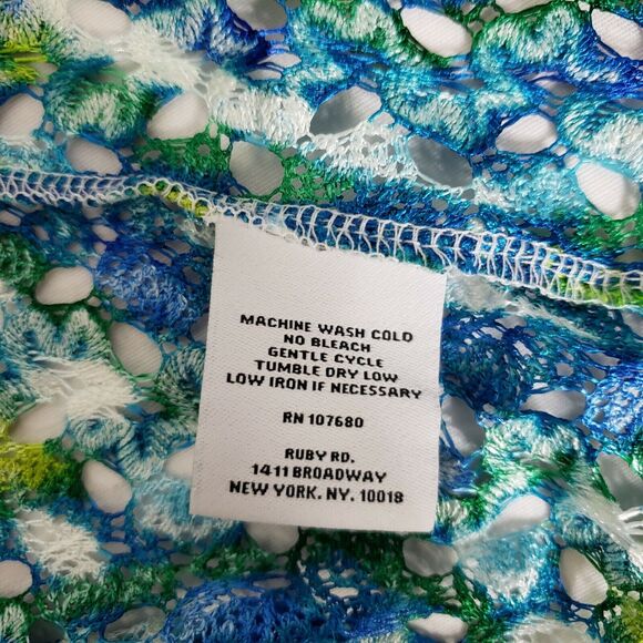 Ruby Rd Womens Cardigan Medium Open Front Teal Multi Colored Crochet Open Knit - Picture 8 of 9